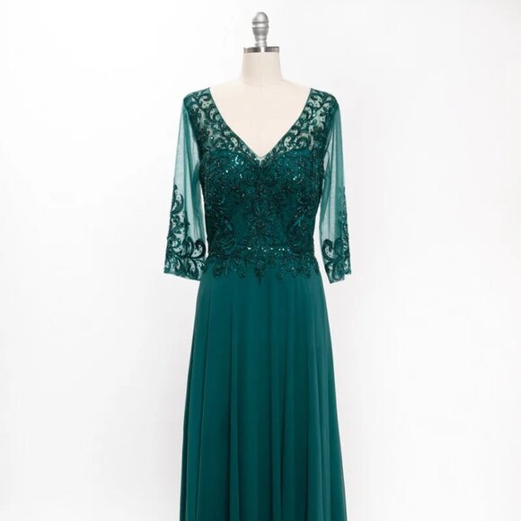 New A-Line Formal Long MOB Gown w/ 3/4 Sleeves & Rhinestones Embroidery TC M2722 - Picture 3 of 8